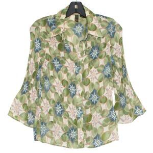 Serenade Top 3/4 Sleeve Floral Cottage Boho Y2K Retro Pleated Button Up Medium